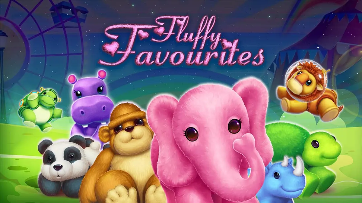 Colorful “Fluffy Favourites” splash screen showing a cute pink elephant in the center, surrounded by cartoon animals (panda, monkey, hippo, turtle, rhino, and lion) on a bright, starry background.