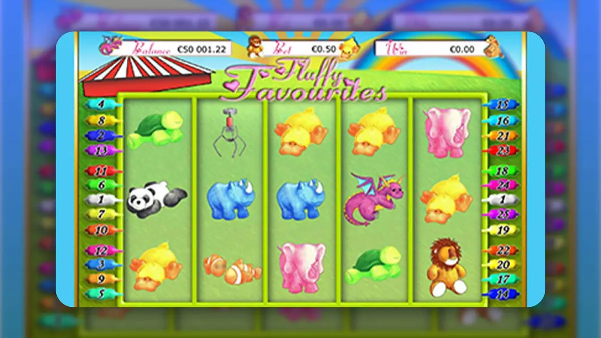 Classic “Fluffy Favourites” slot screen with five green reels showing cute animal symbols (turtle, panda, rhino, duck, elephant, dragon, lion) and a colourful balance/bet/win panel across the top.